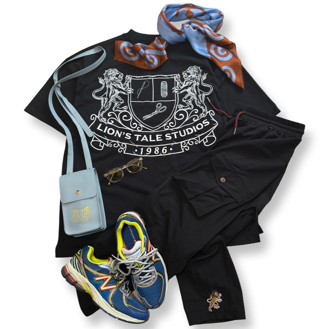 Outfit Post Menswear Lion's Tale Studios Style inspo Fashion Style Inspiration Aime Leon Dore Kazuku Jogging Suit Gilet Army Inpired Sneakers Virgil Abloh Maxime Patty Patawala Silk Cardigan Eyewear Lion Singa Mini Bag Leather Blue Yellow