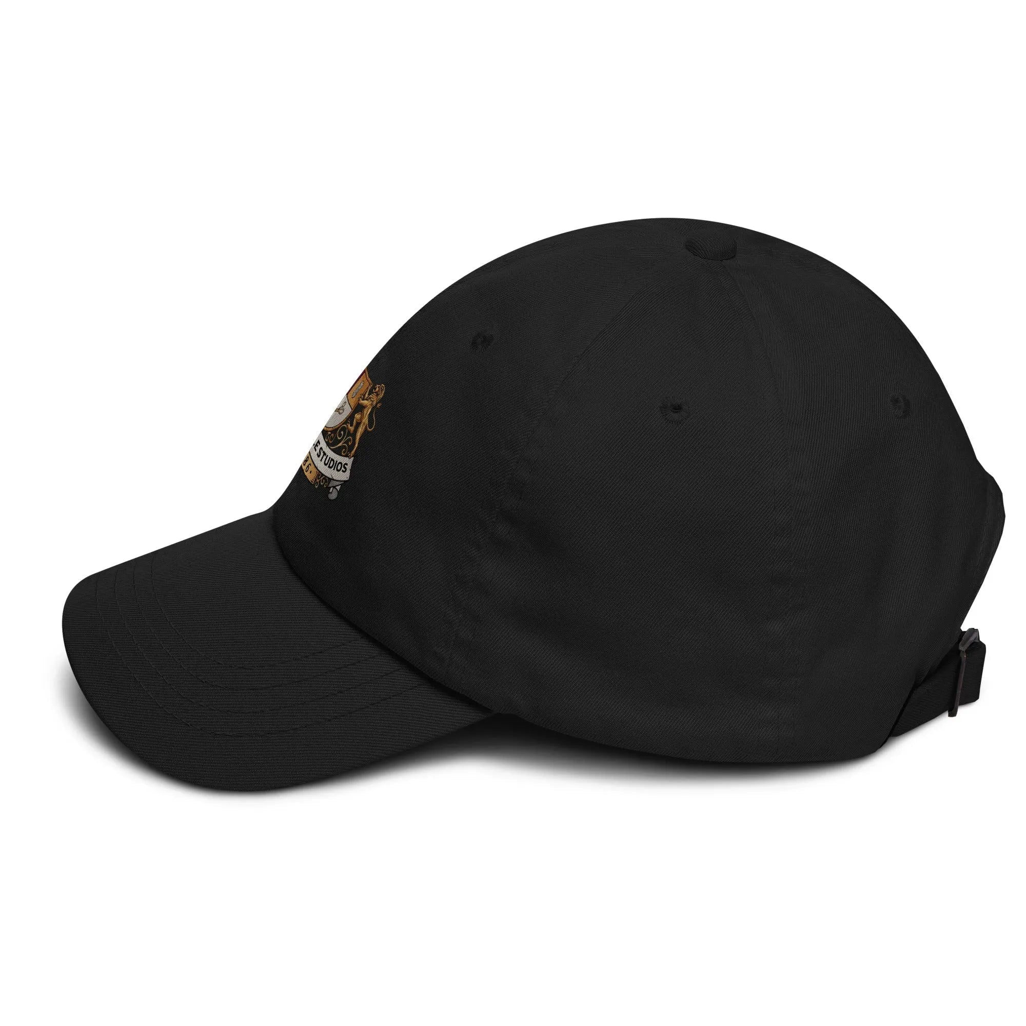 Black Papa hat with LTS OG print, featuring an adjustable strap and curved visor, shown from the side.