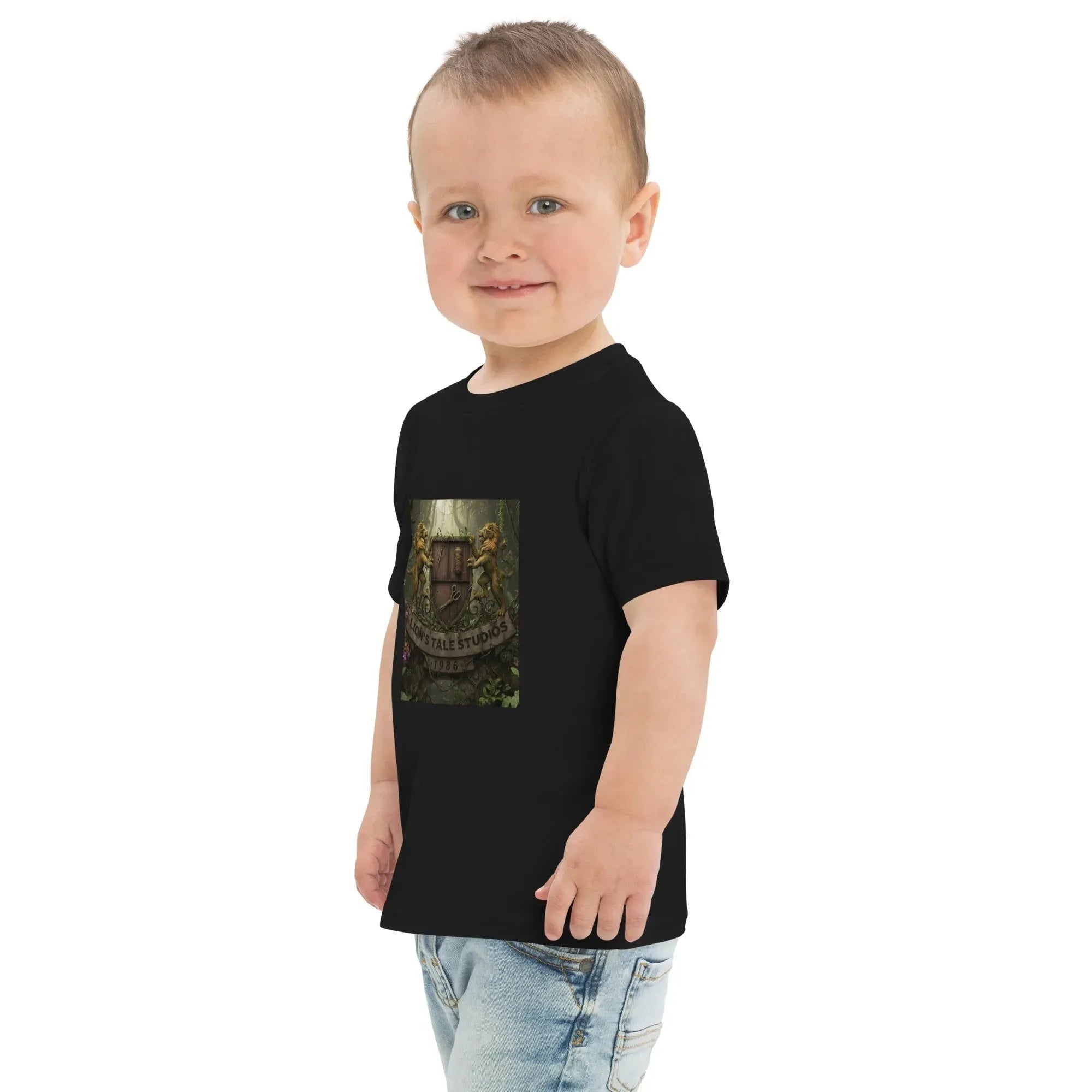 Toddler Tee with LTS Jungle Print worn by a smiling boy, featuring a fun jungle design.