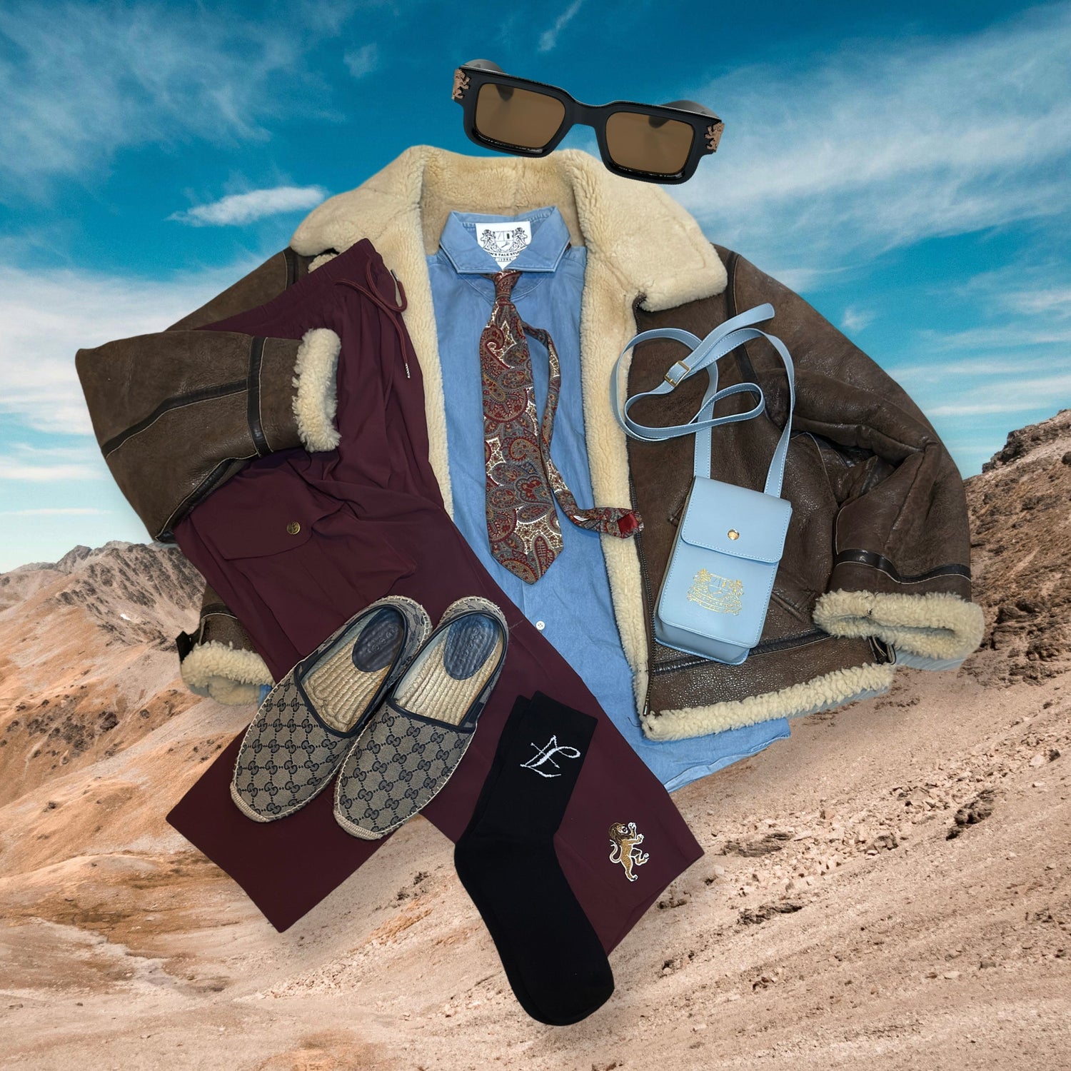 Lion's Tale Studios Desert Eyewear Zonnebril Luxe Roaring Lion's Eyewear Gucci Mini Genuine Leather Mini Bag Light Blue Burgandy Sock Socks Shirt Denim Mountains