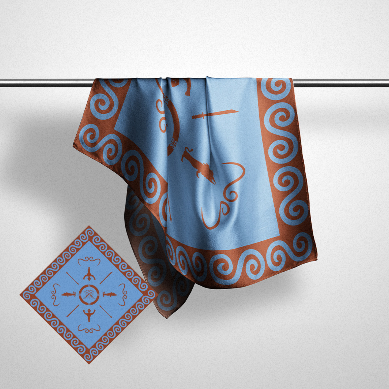 ia gegenereerd close up zijde sjaal indonesisch indo indonesie maluku moluks molukken nederlands lion's tale studios licht blauw licht blauw bruin lts warrior logo parang nederland ontwerp tiga jafeth patawala voorouder symbolen symbool artefact 