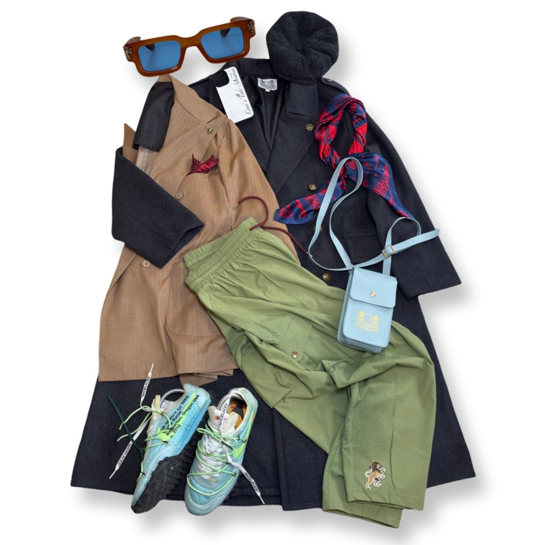 Outfit Post Menswear Lion's Tale Studios Style inspo Fashion Style Inspiration Aime Leon Dore Kazuku Jogging Suit Gilet Army Inpired Sneakers Virgil Abloh Maxime Patty Patawala Silk Cardigan Eyewear Lion Singa Mini Bag Leather All Black Kazuku Mason Garments Off White Socks Lammy Tie Batik Gucci Bordeaux Nike Roaring Lion's Eyewear Yeezy Army Inspired Coat Red Burgandy Oxford Blue KNIL War Brittain UK