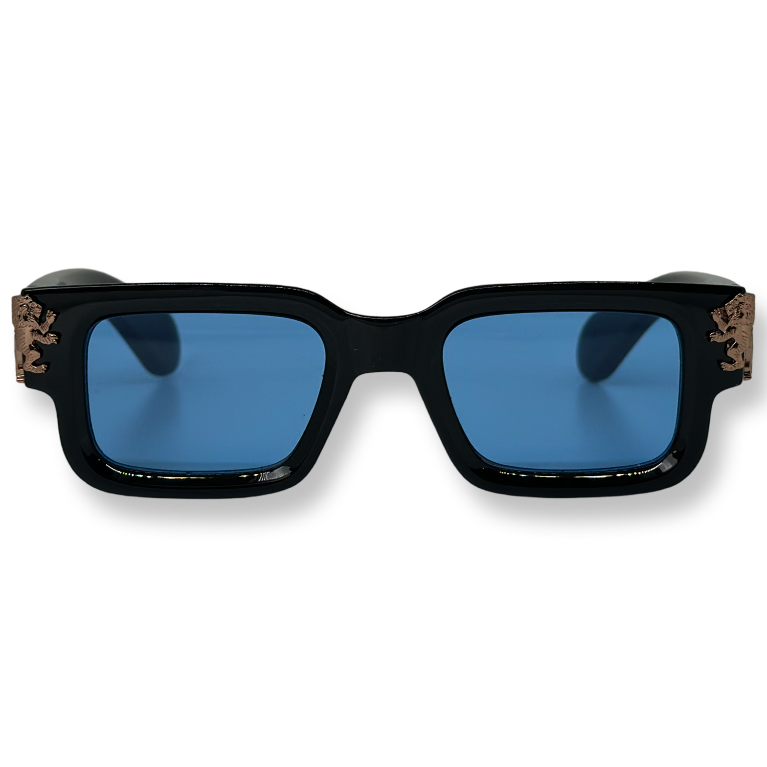 lion's tale studios roaring lion's eyewear zonnebril luxe luxury stylish fashion zonnebrillen sunglasses shades folded lion unique indonesian moluccan indo the netherlands jet black light blue lenses glasses tinted sun specs sunshades unisex men and women