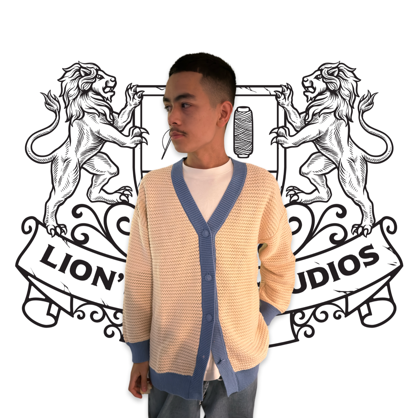 lion's tale studios knitwear knitted anti-logo no logo cardigan light blue cream color button lion mena muria een voor allen voor een maluku molukken