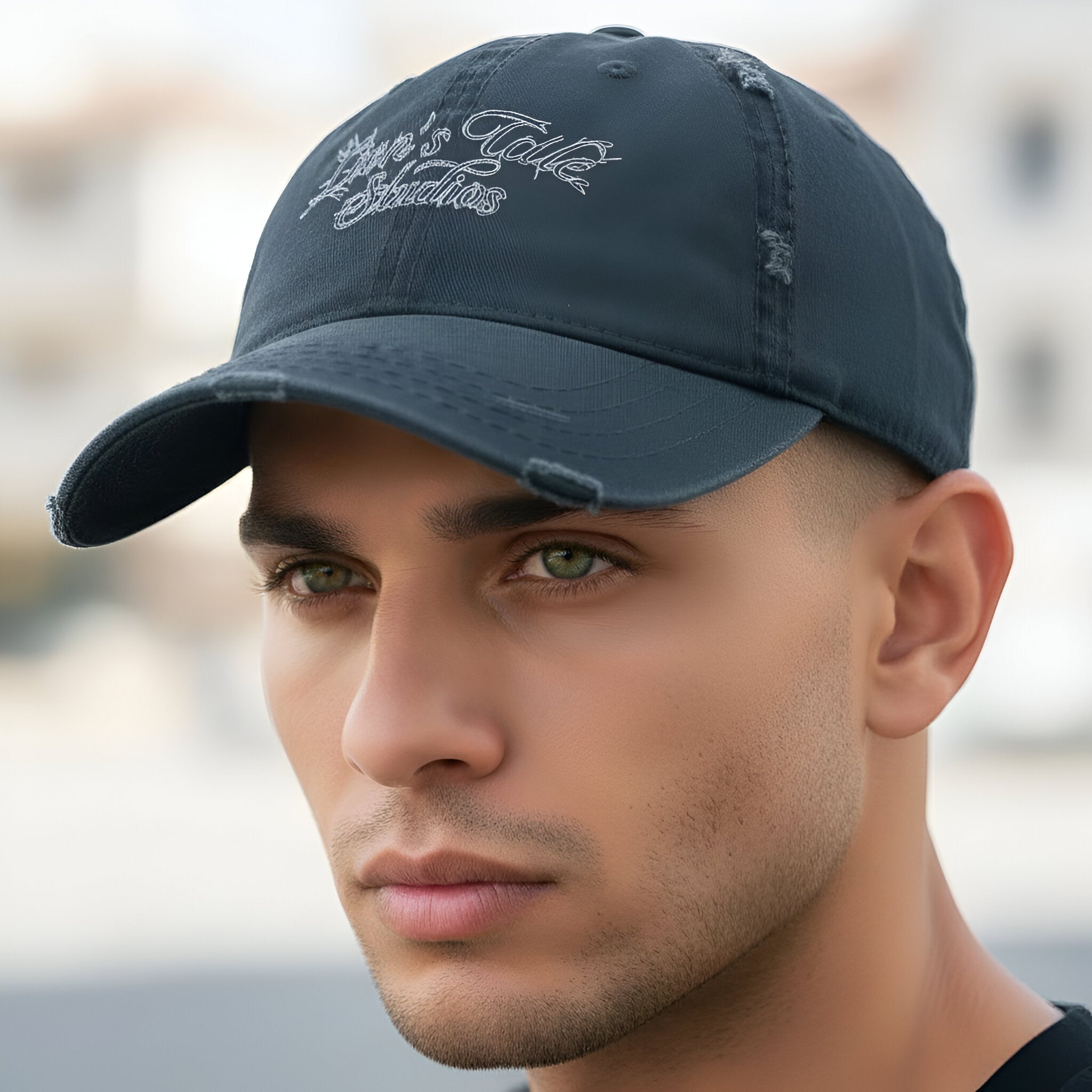 Embroidered Distressed Cap with LTS Motion Print - Lion's Tale Studios