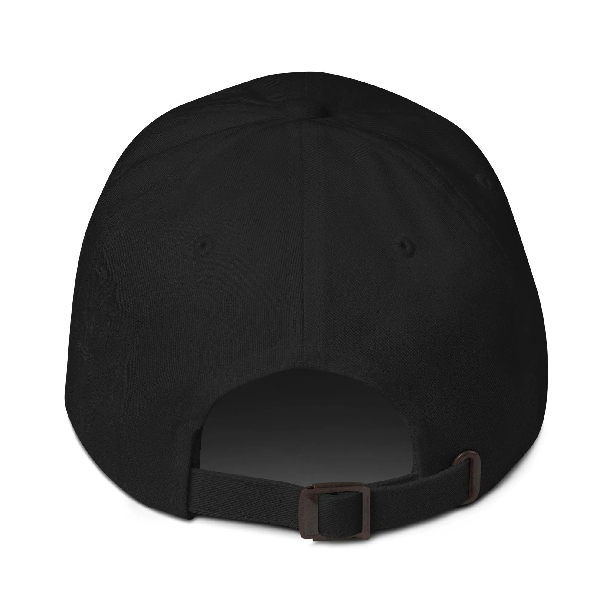 The back view of a black Papa hat with LTS OG print, featuring an adjustable strap and embroidered eyelets.