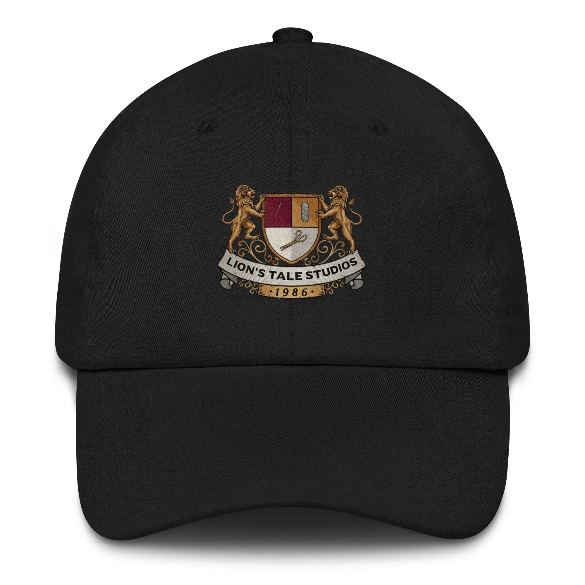 Papa hat with LTS OG print featuring Lion's Tale Studios emblem on black fabric.