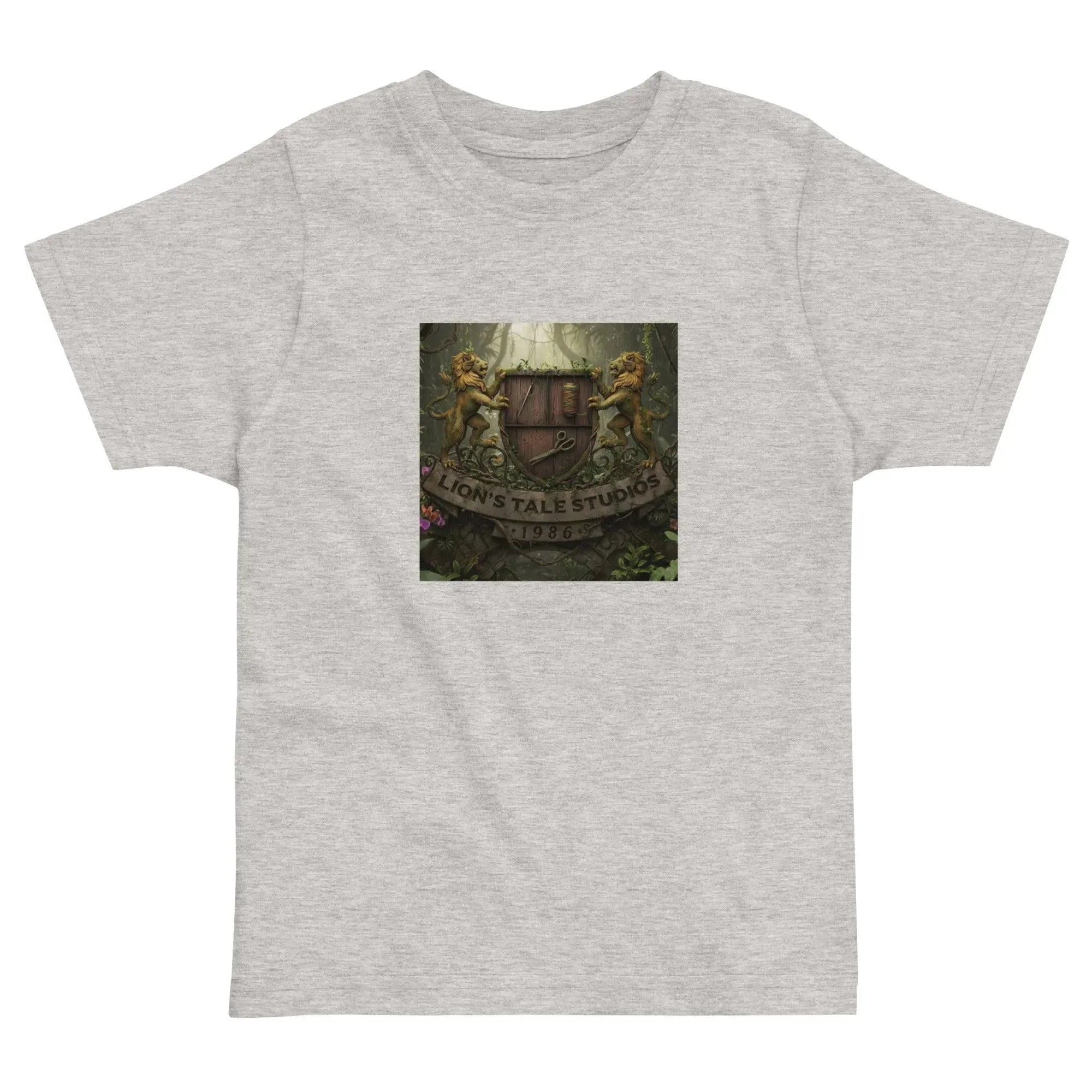Toddler Tee with LTS Jungle Print featuring a playful lion design on a gray shirt for adventurous kids.